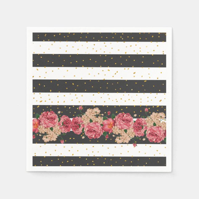 Modern black stripes gold faux glitter floral napkins (Front)