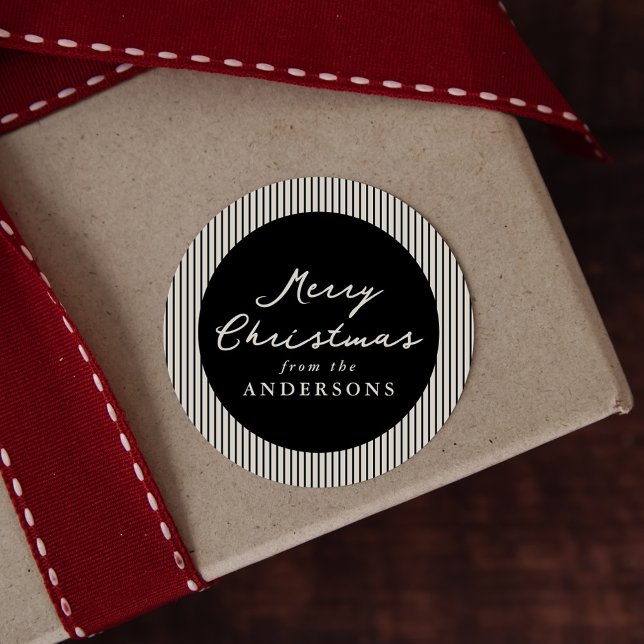 Modern Black Stripes Merry Christmas Classic Round Sticker (Creator Uploaded)