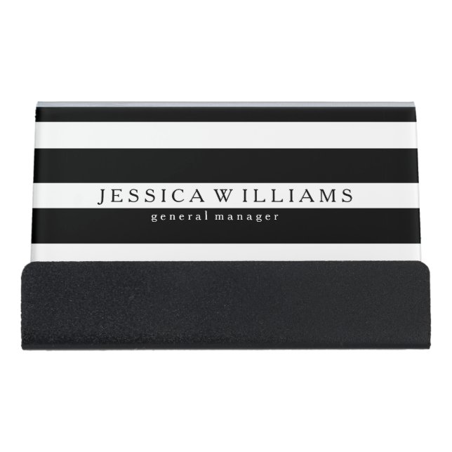 Modern Black Stripes Over White Desk Business Card Holder (Front)