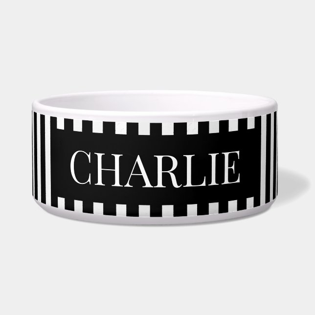 Modern Black Stripes Pattern Personalized Dog Pet Bowl (Front)