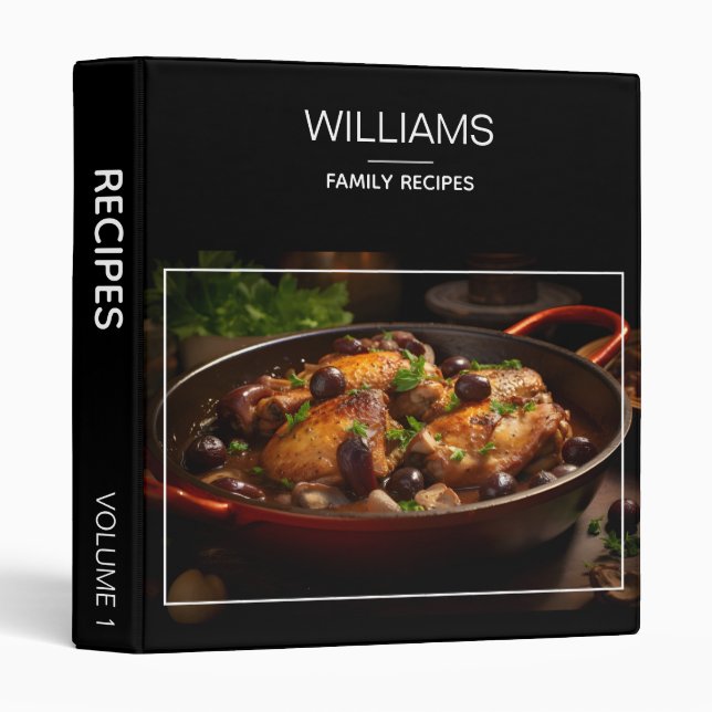 Modern Black Stylish Personalized Family Recipes 3 Ring Binder (Front/Spine)
