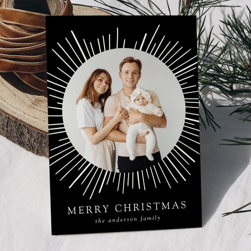 Modern Black Sunburst Merry Christmas 2 Photo Holiday Card