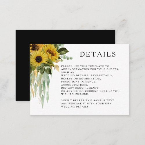 Modern Black Sunflower Wedding Details  Enclosure Card