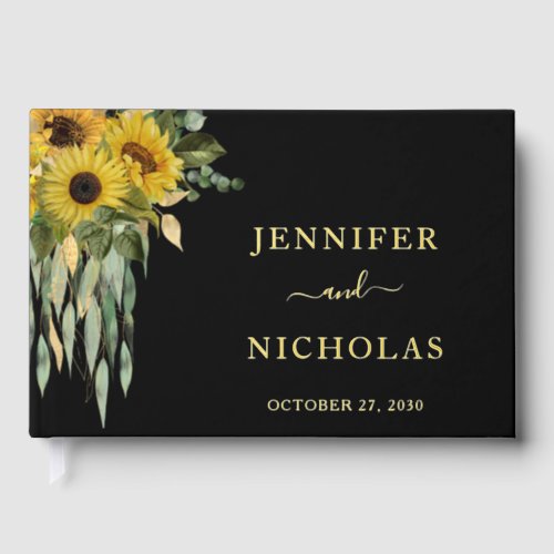 Modern Black Sunflower Wedding Gold Foil Foil Guest Book