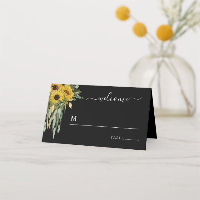Modern Black Sunflower Wedding Place Card (Front)