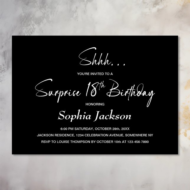 Modern Black Surprise 18th Birthday Party Invitation (Creator Uploaded)