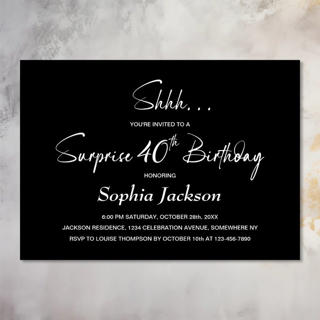 Modern Black Surprise 40th Birthday Party Invitation (Creator Uploaded)