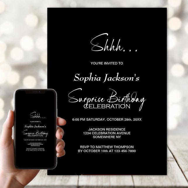 Modern Black Surprise Birthday Party Invitation (Creator Uploaded)