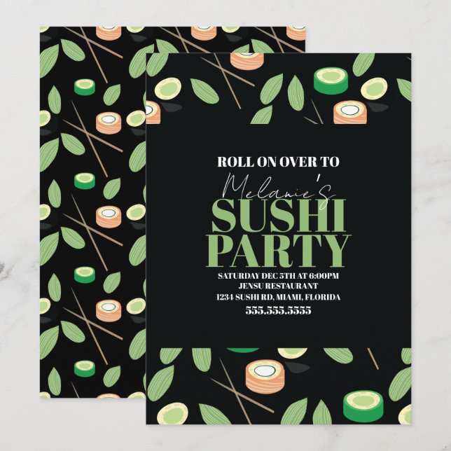 Modern Black Sushi Party Rolls Birthday Name Holiday Card (Front/Back)