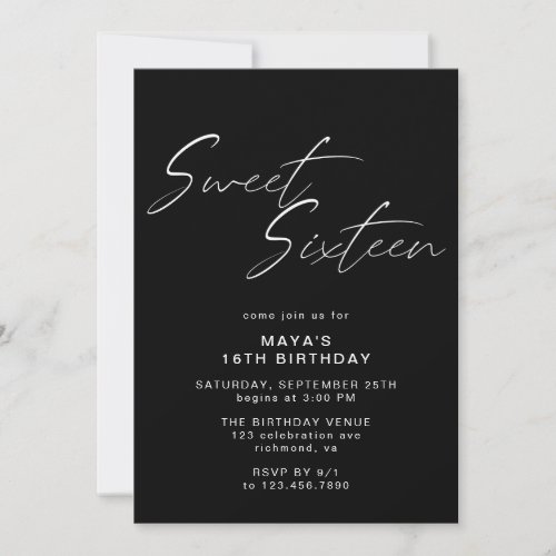  Modern Black Sweet Sixteen Elegant 16th Birthday Invitation