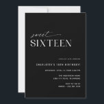Modern Black Sweet Sixteen | Sleek 16th Birthday Invitation<br><div class="desc">Modern minimal 16th birthday party invitations with an off-center design. Contrasting black with white font. The reverse side feature a fun "16" pattern. (Reverse side pattern can be removed,  if desired,  by using the design tool.)</div>