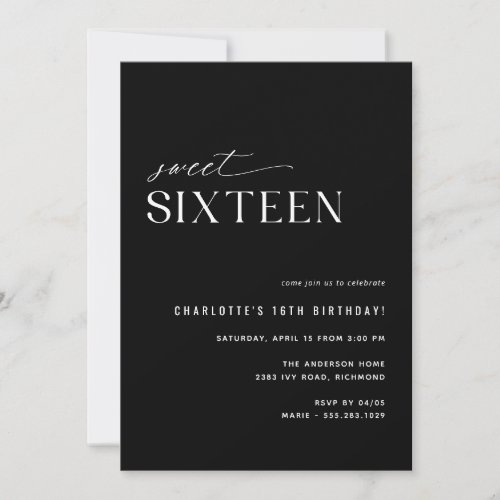 Modern Black Sweet Sixteen  Sleek 16th Birthday Invitation