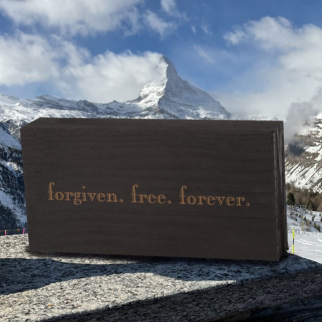 Modern Black Tan Forgiven. Free. Forever. Name Wooden Box Sign (forgiven. free. forever. tan on black minimalistic Christian inspirational quote on weathered wood)
