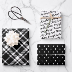 Modern Black Tartan Plaid Merry Christmas Wrapping Paper Sheets