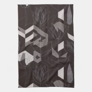 Modern Black Taupe Tulip Geometric Floral Pattern Kitchen Towel