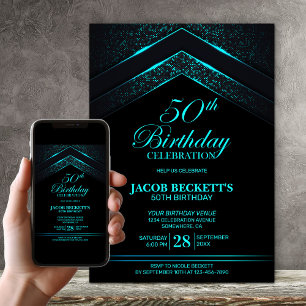 Modern Black Teal 50th Birthday Party Invitation