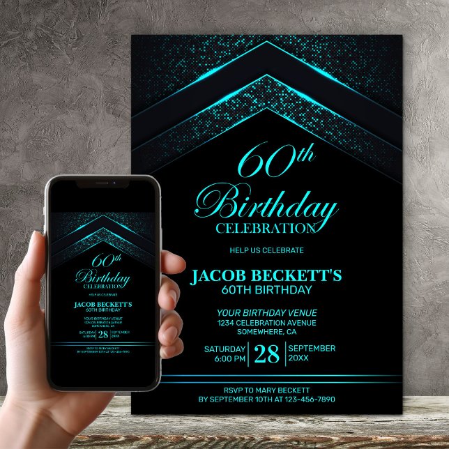 Modern Black Teal 60th Birthday Party Invitation (Creator Uploaded)