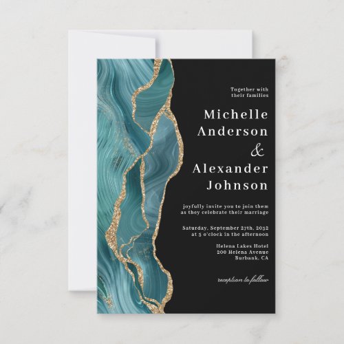 Modern Black Teal Agate Gold Glitter Wedding Invitation