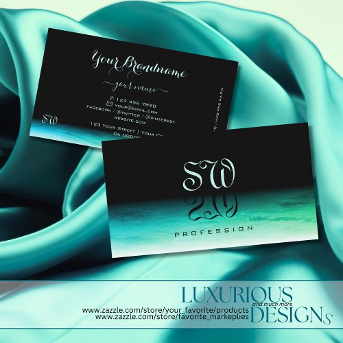 Modern Black Teal and Green Ombre Pattern Monogram Business Card