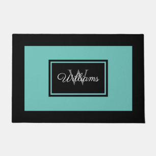 Modern Black Teal Family Monogram Personalized Doormat