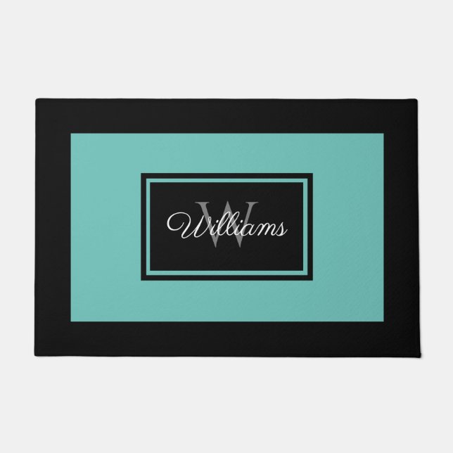 Modern Black Teal Family Monogram Personalized Doormat (Front)