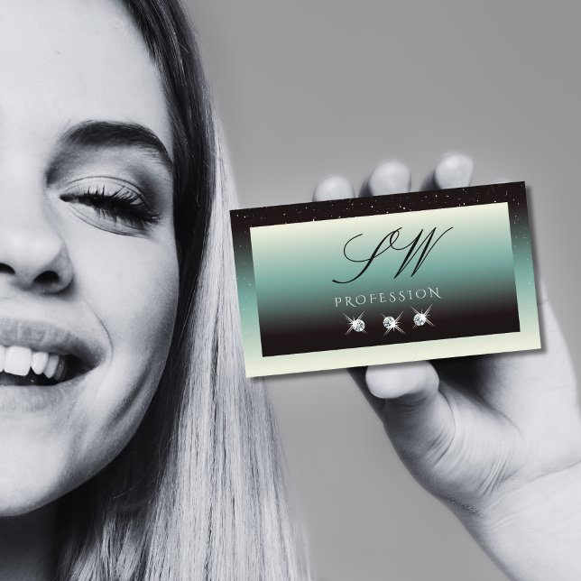 Modern Black Teal Gradient Sparkle Jewels Initials Business Card (Creator Uploaded)