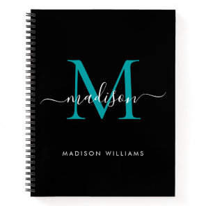 Modern Black Teal Green Girly Monogram Script Name Notebook