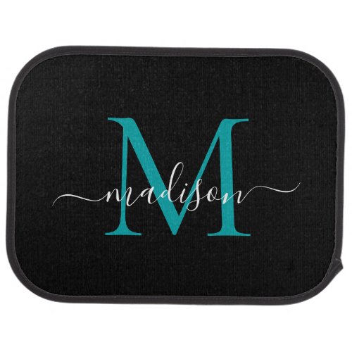 Modern Black Teal Green Monogram Feminine Script Car Floor Mat