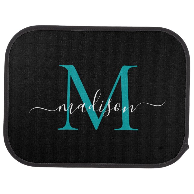 Modern Black Teal Green Monogram Feminine Script Car Floor Mat (Rear)