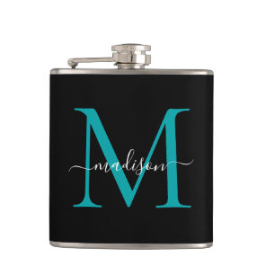 Modern Black Teal Green Monogram Girly Script Name Flask
