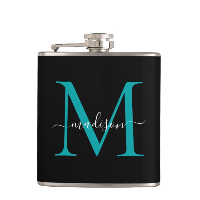 Modern Black Teal Green Monogram Girly Script Name Flask (Front)