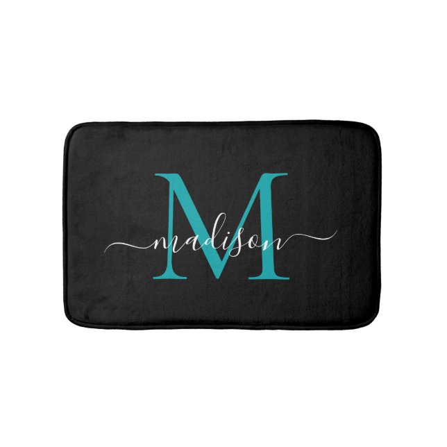 Modern Black Teal Green Monogram Script Elegant Bath Mat (Front)
