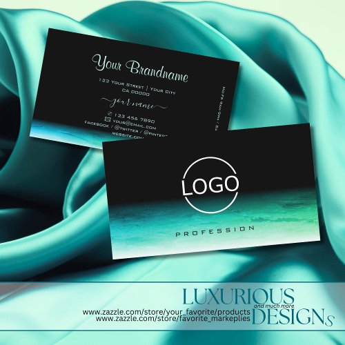 Modern Black Teal Green Ombre Pattern with Logo Business Card