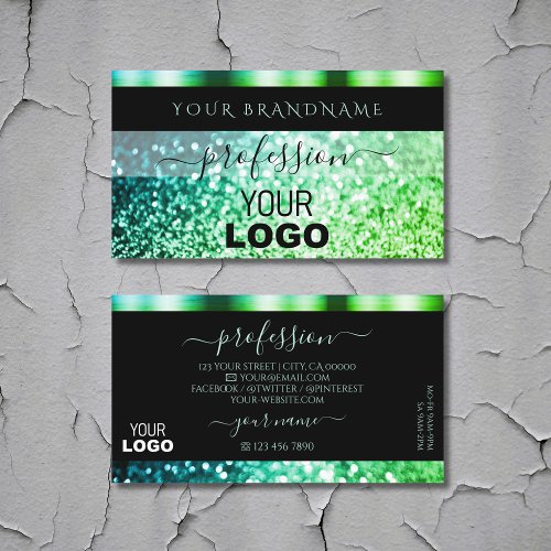 Modern Black Teal Green Sparkling Glitter Add Logo Business Card