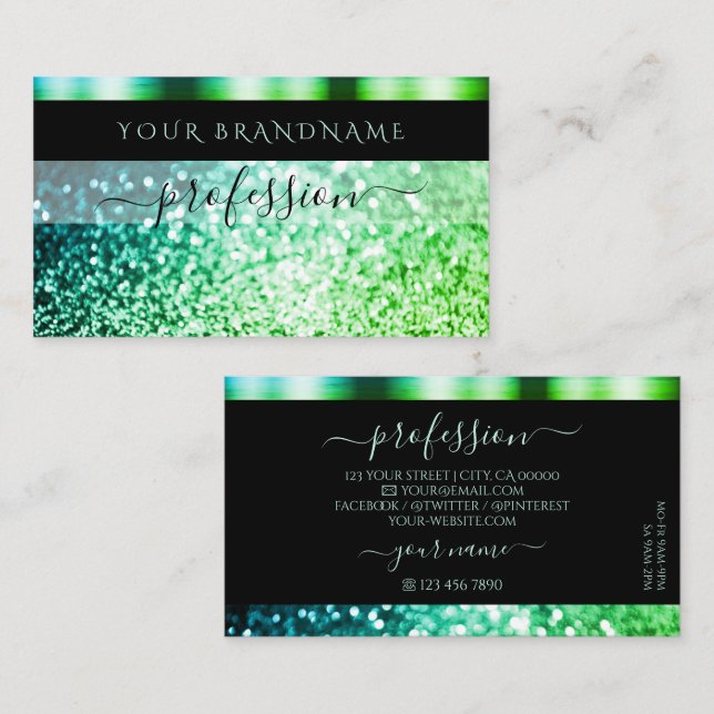 Modern Black Teal Green Sparkling Glitter Shimmery Business Card (Front/Back)
