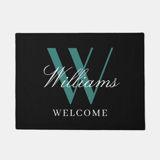 Modern Black Teal Monogram Newlyweds Name Wedding Doormat (Front)