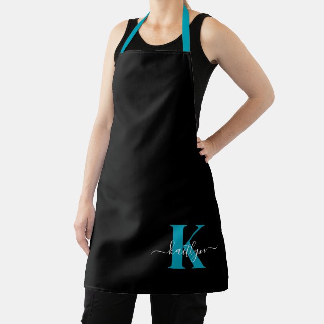 Modern Black Teal Script Monogram Apron (Insitu)