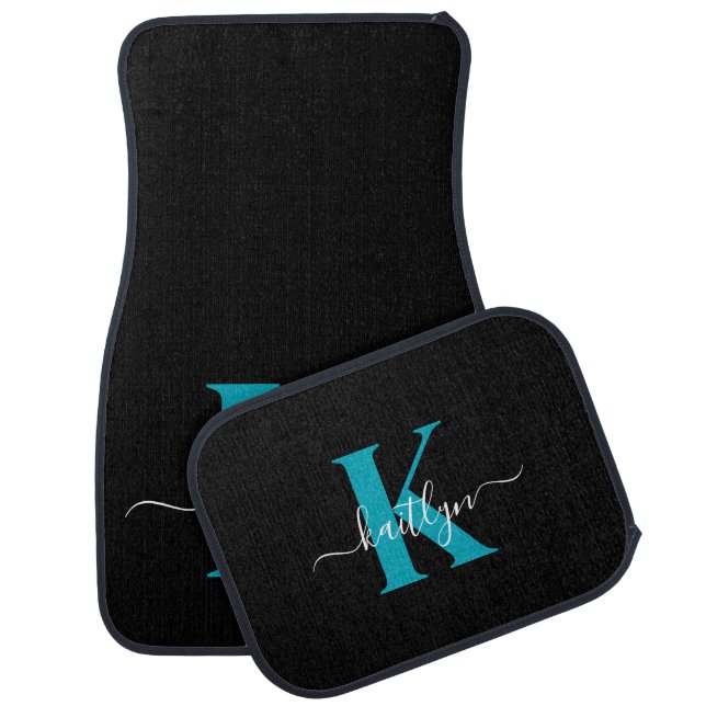 Modern Black Teal Script Monogram Car Floor Mat (Set)