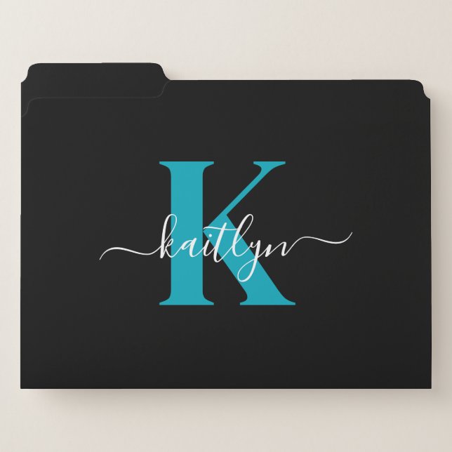 Modern Black Teal Script Monogram File Folder (Front Left)
