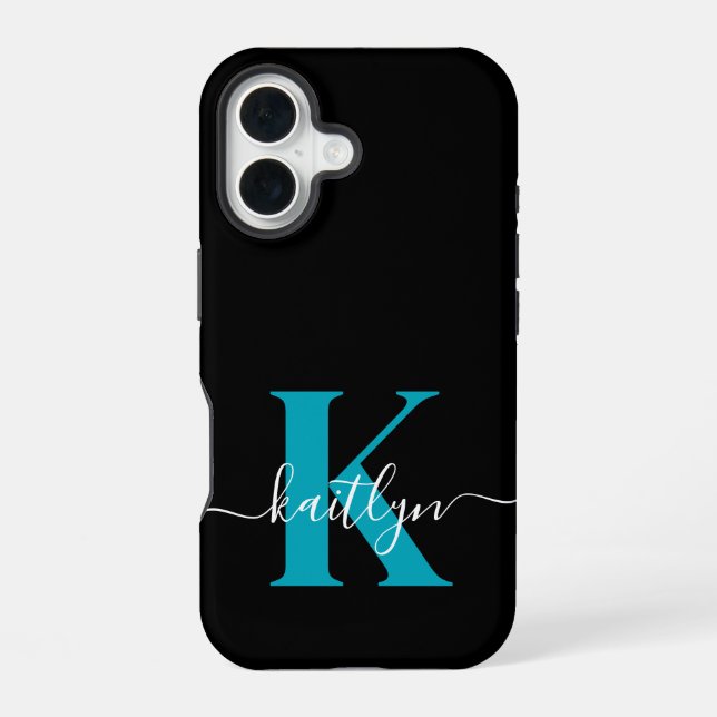 Modern Black Teal Script Monogram iPhone Case (Back)