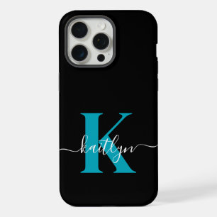 Modern Black Teal Script Monogram iPhone 15 Pro Max Case