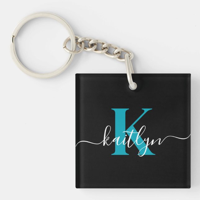 Modern Black Teal Script Monogram Keychain (Front)