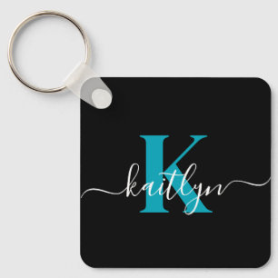 Modern Black Teal Script Monogram Keychain