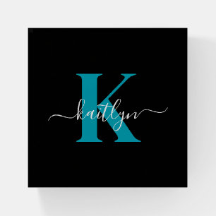 Modern Black Teal Script Monogram Paperweight