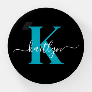 Modern Black Teal Script Monogram Paperweight