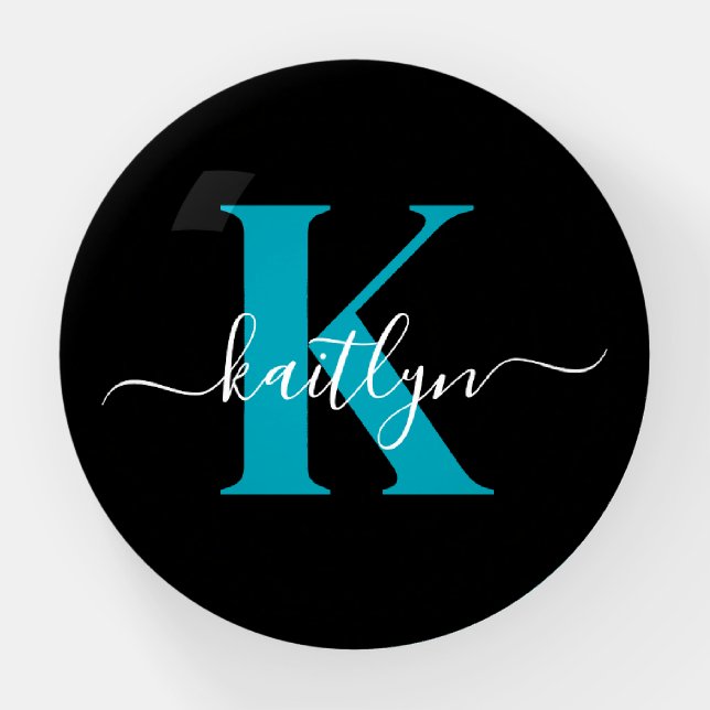 Modern Black Teal Script Monogram Paperweight (Front)