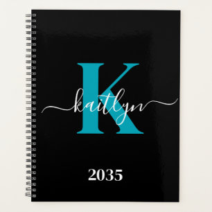 Modern Black Teal Script Monogram Planner