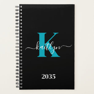 Modern Black Teal Script Monogram Planner