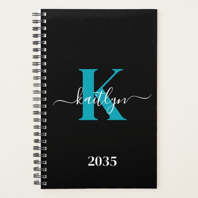 Modern Black Teal Script Monogram Planner (Front)