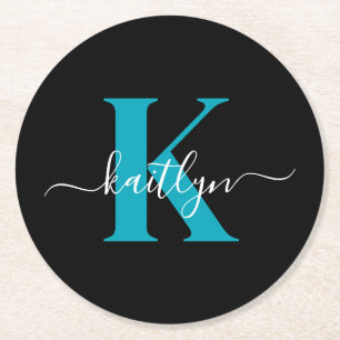 Modern Black Teal Script Monogram Round Paper Coaster